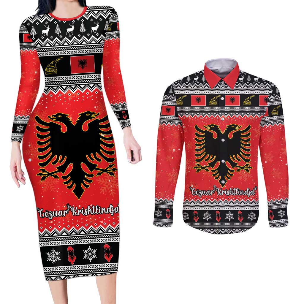 Albania Christmas Couples Matching Long Sleeve Bodycon Dress and Long Sleeve Button Shirt Albanian Eagle Gezuar Krishtlindja - Wonder Print Shop