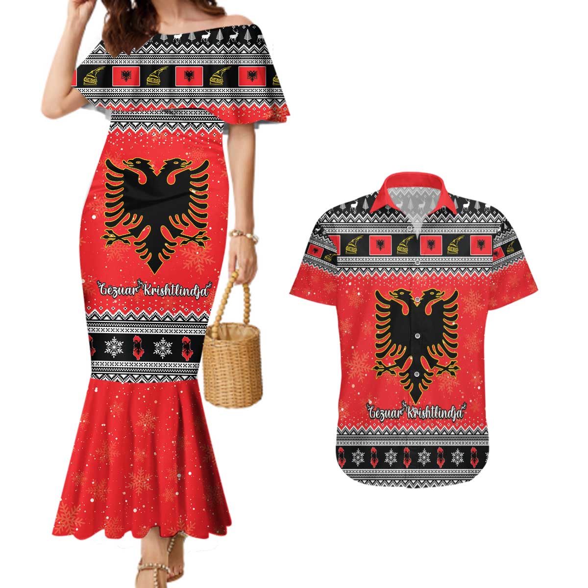 Albania Christmas Couples Matching Mermaid Dress and Hawaiian Shirt Albanian Eagle Gezuar Krishtlindja - Wonder Print Shop