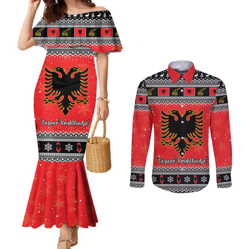 Albania Christmas Couples Matching Mermaid Dress and Long Sleeve Button Shirt Albanian Eagle Gezuar Krishtlindja