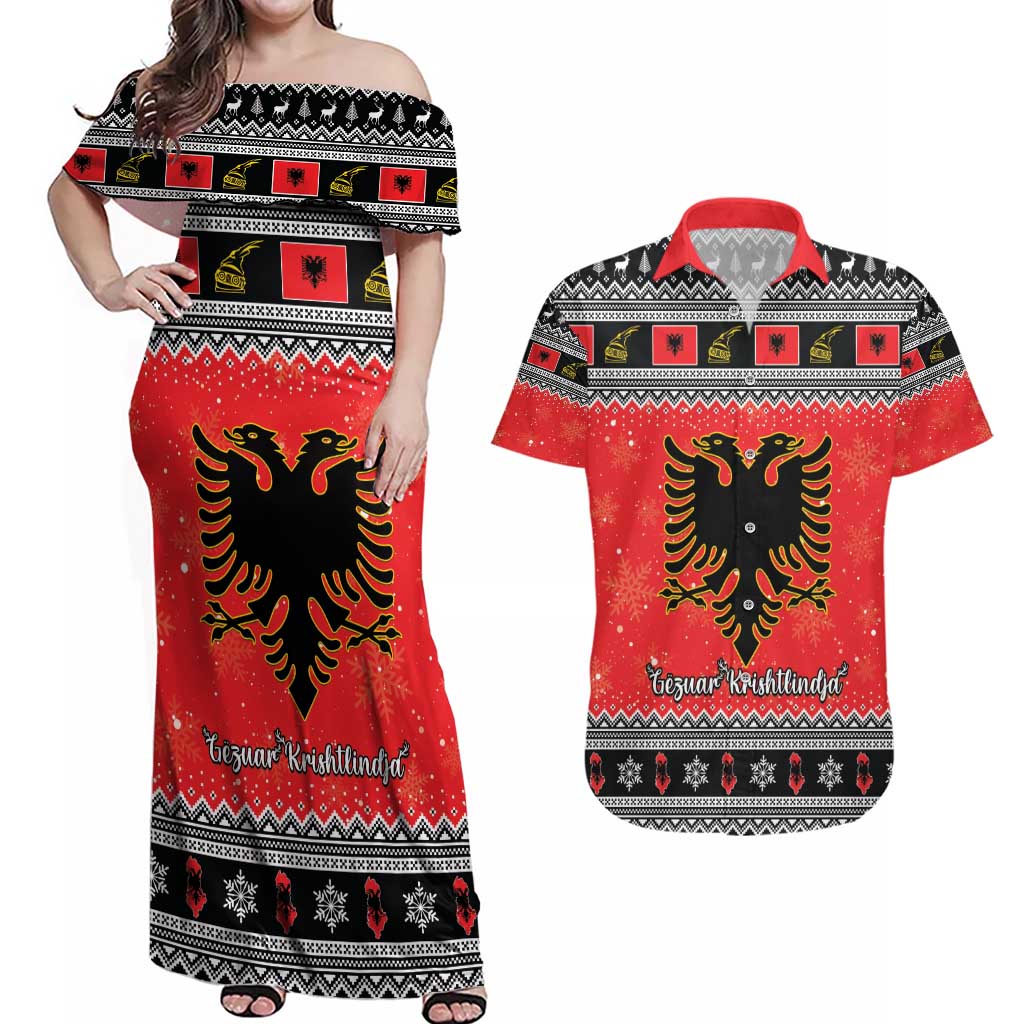 Albania Christmas Couples Matching Off Shoulder Maxi Dress and Hawaiian Shirt Albanian Eagle Gezuar Krishtlindja - Wonder Print Shop