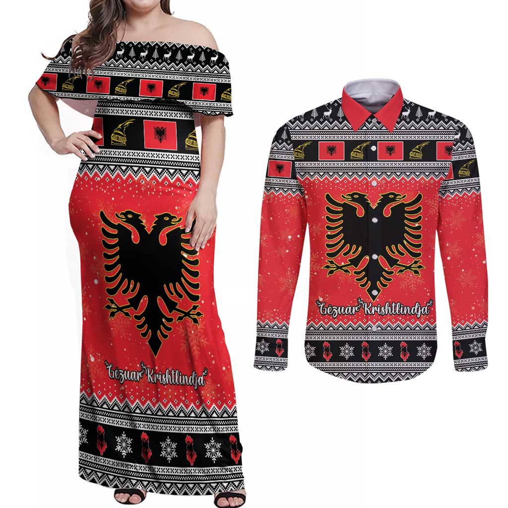 Albania Christmas Couples Matching Off Shoulder Maxi Dress and Long Sleeve Button Shirt Albanian Eagle Gezuar Krishtlindja - Wonder Print Shop