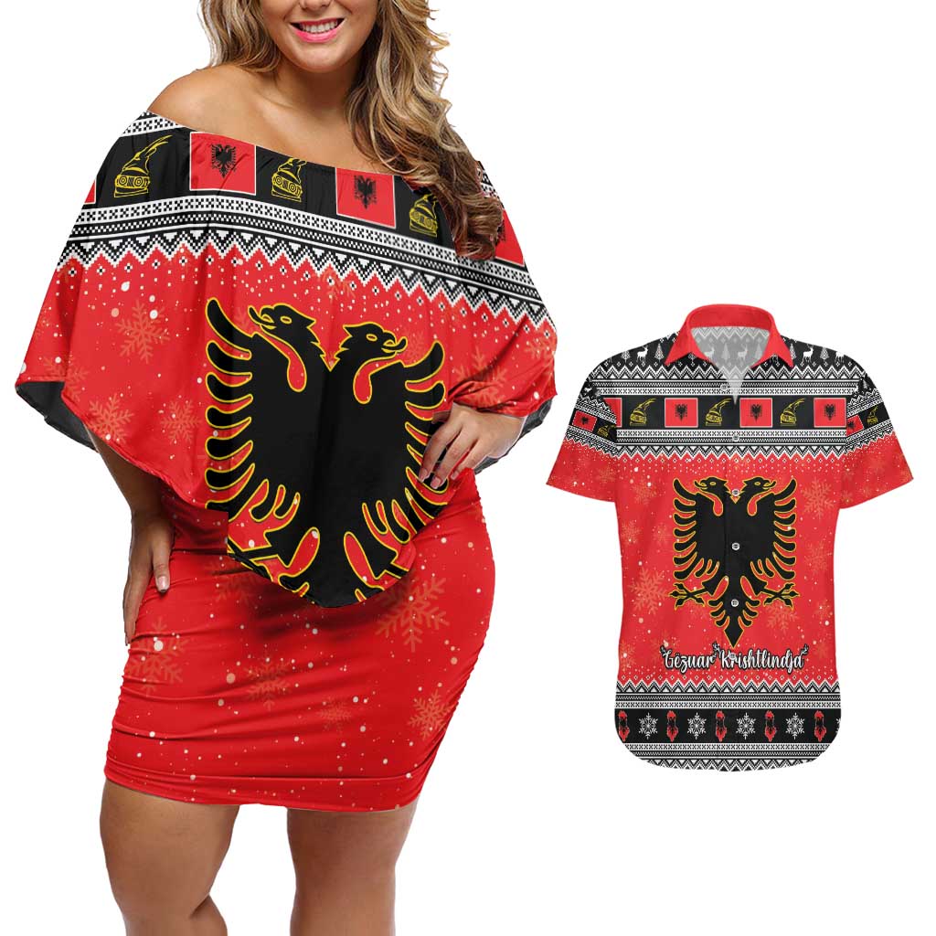 Albania Christmas Couples Matching Off Shoulder Short Dress and Hawaiian Shirt Albanian Eagle Gezuar Krishtlindja - Wonder Print Shop