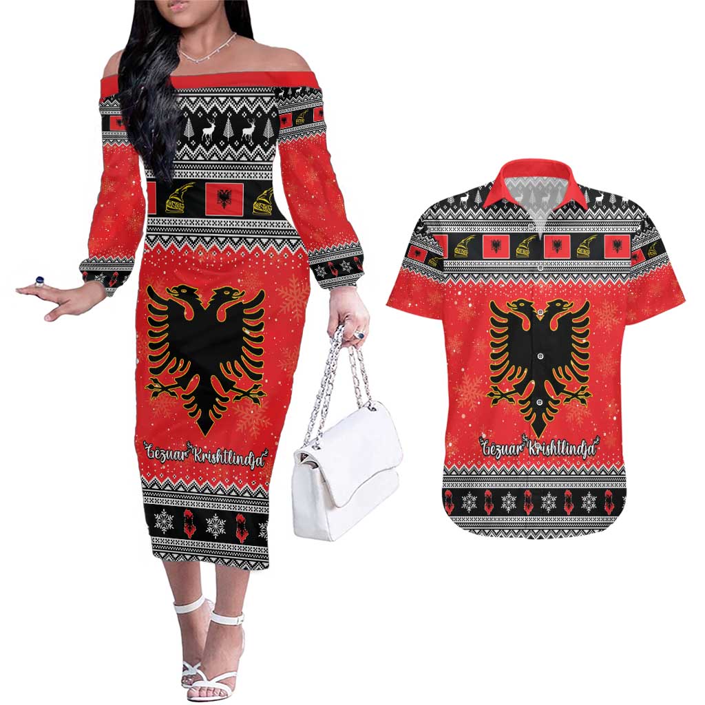 Albania Christmas Couples Matching Off The Shoulder Long Sleeve Dress and Hawaiian Shirt Albanian Eagle Gezuar Krishtlindja - Wonder Print Shop