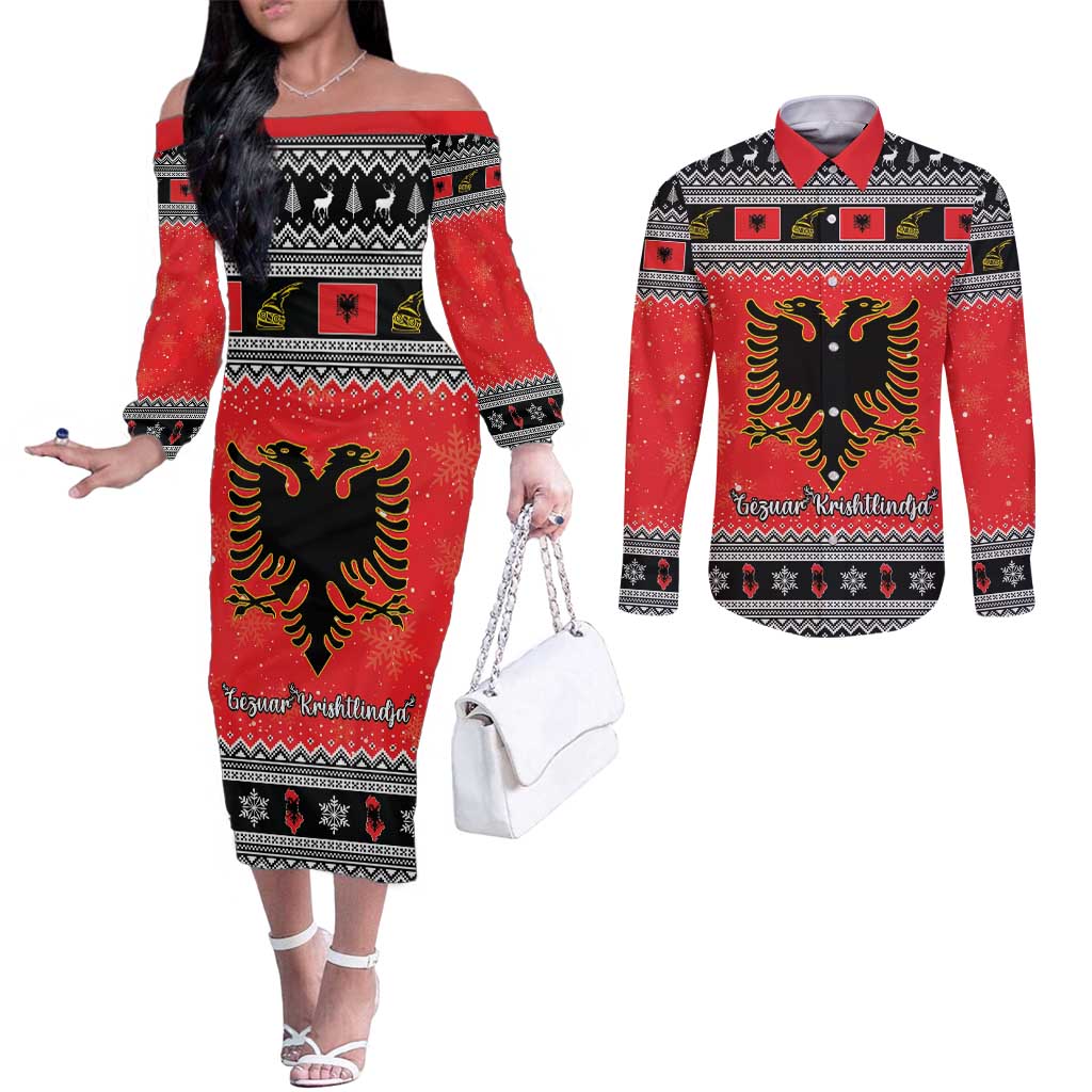 Albania Christmas Couples Matching Off The Shoulder Long Sleeve Dress and Long Sleeve Button Shirt Albanian Eagle Gezuar Krishtlindja