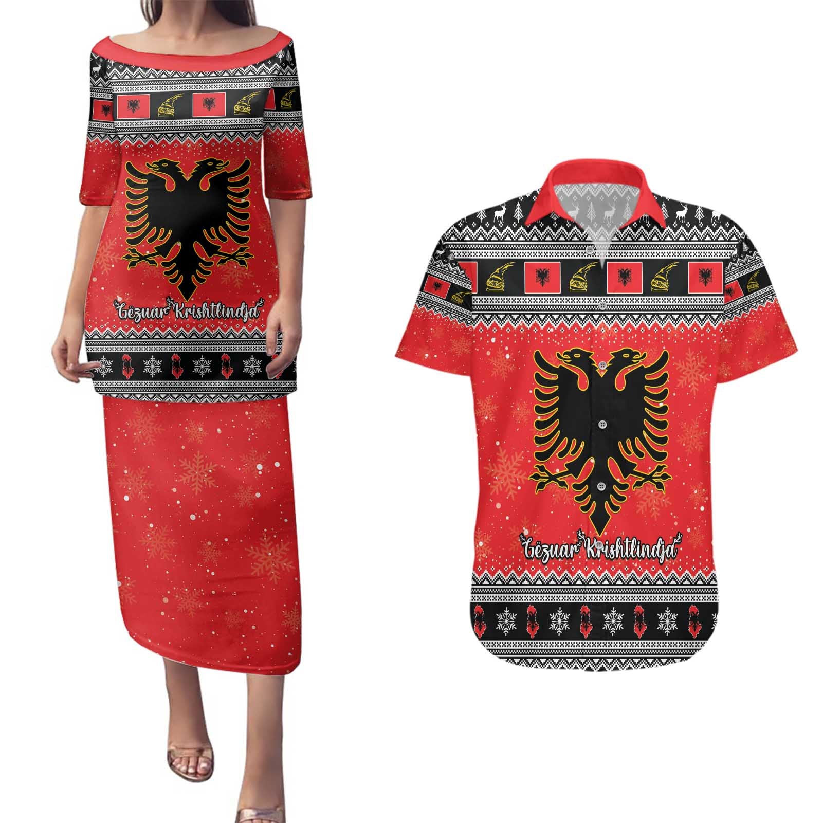 Albania Christmas Couples Matching Puletasi and Hawaiian Shirt Albanian Eagle Gezuar Krishtlindja - Wonder Print Shop