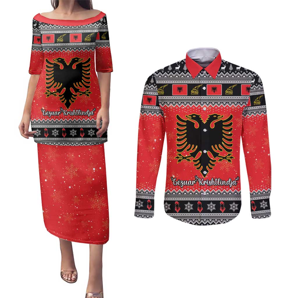 Albania Christmas Couples Matching Puletasi and Long Sleeve Button Shirt Albanian Eagle Gezuar Krishtlindja - Wonder Print Shop