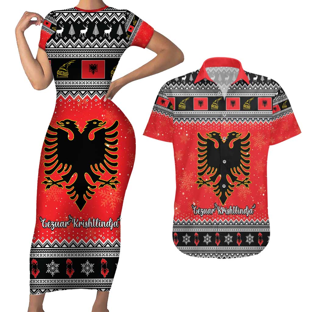 Albania Christmas Couples Matching Short Sleeve Bodycon Dress and Hawaiian Shirt Albanian Eagle Gezuar Krishtlindja - Wonder Print Shop