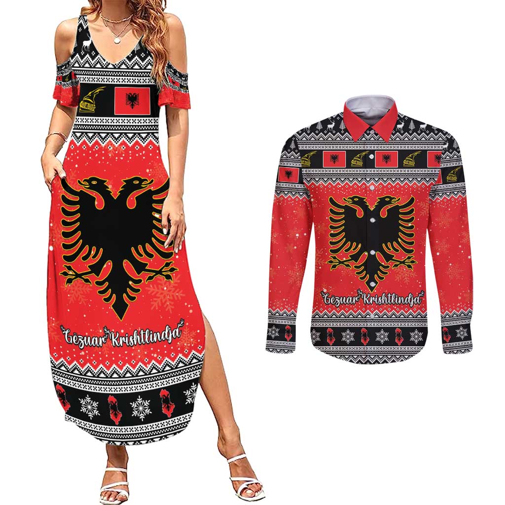 Albania Christmas Couples Matching Summer Maxi Dress and Long Sleeve Button Shirt Albanian Eagle Gezuar Krishtlindja - Wonder Print Shop