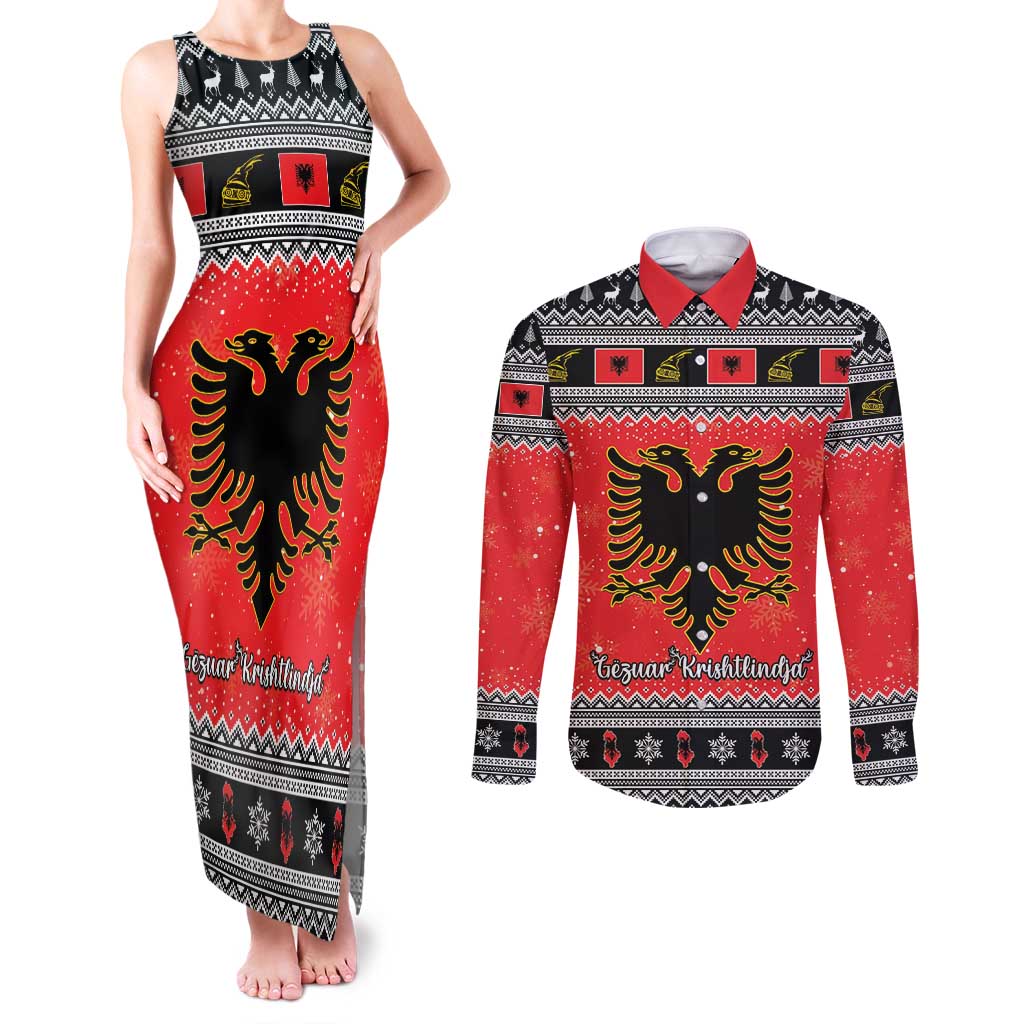 Albania Christmas Couples Matching Tank Maxi Dress and Long Sleeve Button Shirt Albanian Eagle Gezuar Krishtlindja - Wonder Print Shop