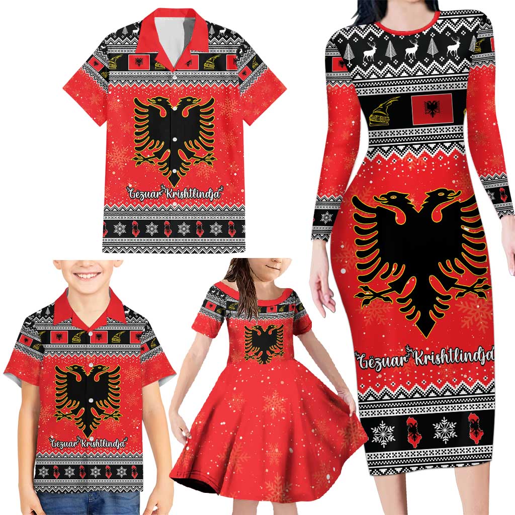 Albania Christmas Family Matching Long Sleeve Bodycon Dress and Hawaiian Shirt Albanian Eagle Gezuar Krishtlindja - Wonder Print Shop