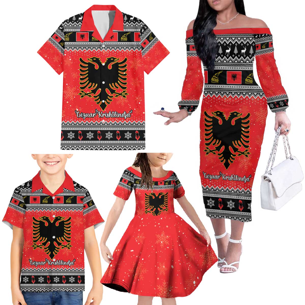 Albania Christmas Family Matching Off The Shoulder Long Sleeve Dress and Hawaiian Shirt Albanian Eagle Gezuar Krishtlindja - Wonder Print Shop