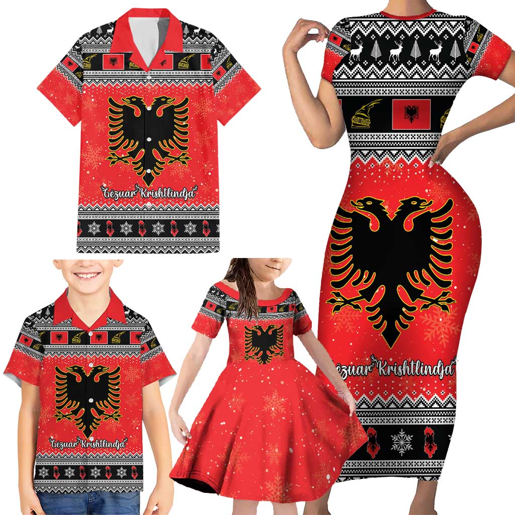 Albania Christmas Family Matching Short Sleeve Bodycon Dress and Hawaiian Shirt Albanian Eagle Gezuar Krishtlindja - Wonder Print Shop