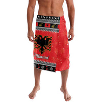 Red lavalava wrap skirt with Albanian eagle and festive geometric pattern