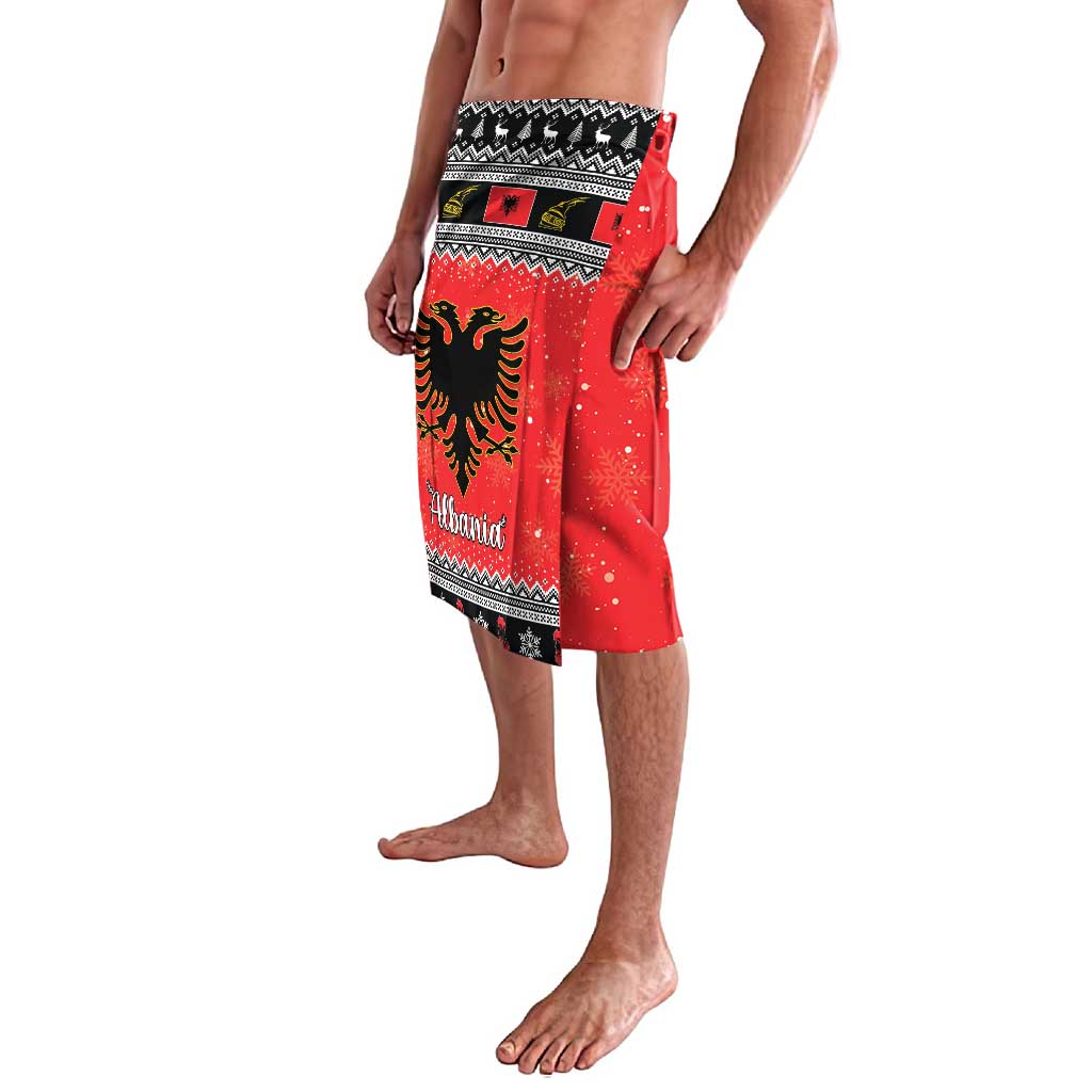 Red lavalava wrap skirt with Albanian eagle graphic and black geometric border