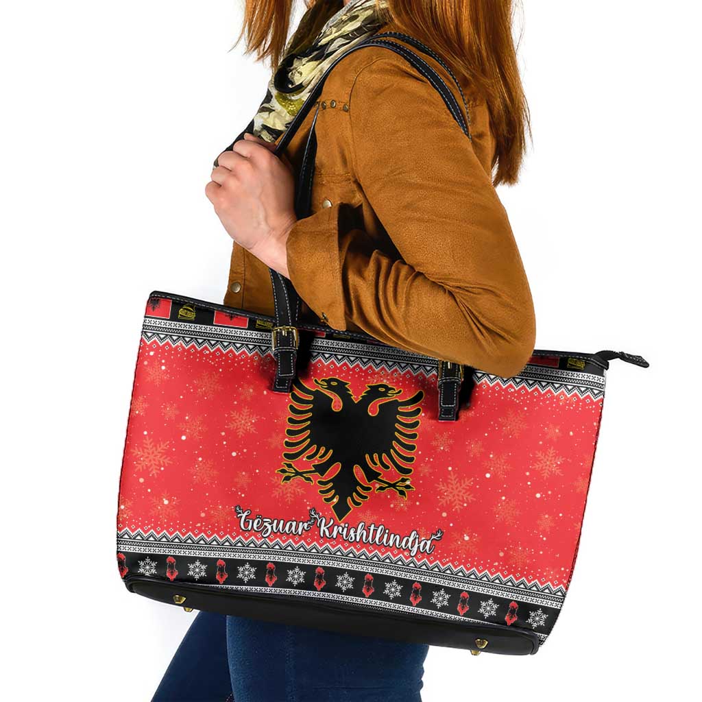 Albania Christmas Leather Tote Bag Albanian Eagle Gezuar Krishtlindja - Wonder Print Shop