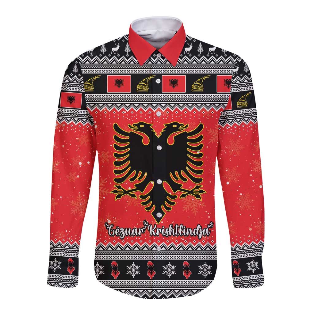 Unisex long-sleeve button shirt, red-black festive print with double-headed eagle front