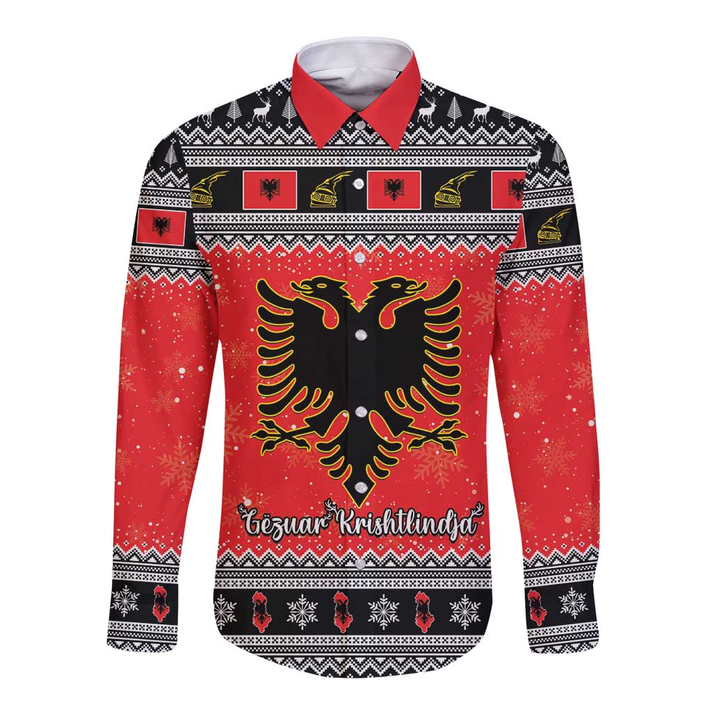 Albania Christmas Long Sleeve Button Shirt Albanian Eagle Gezuar Krishtlindja - Wonder Print Shop