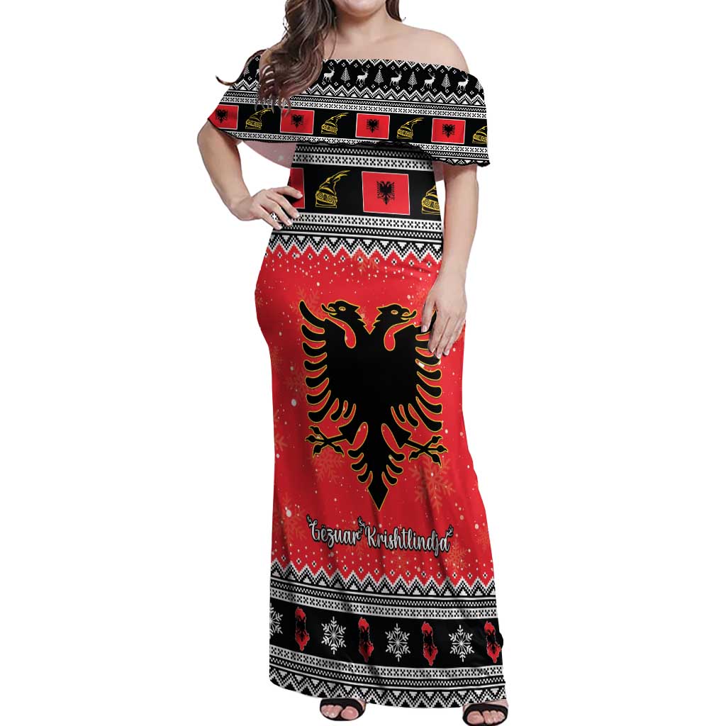 Albania Christmas Off Shoulder Maxi Dress Albanian Eagle Gezuar Krishtlindja - Wonder Print Shop