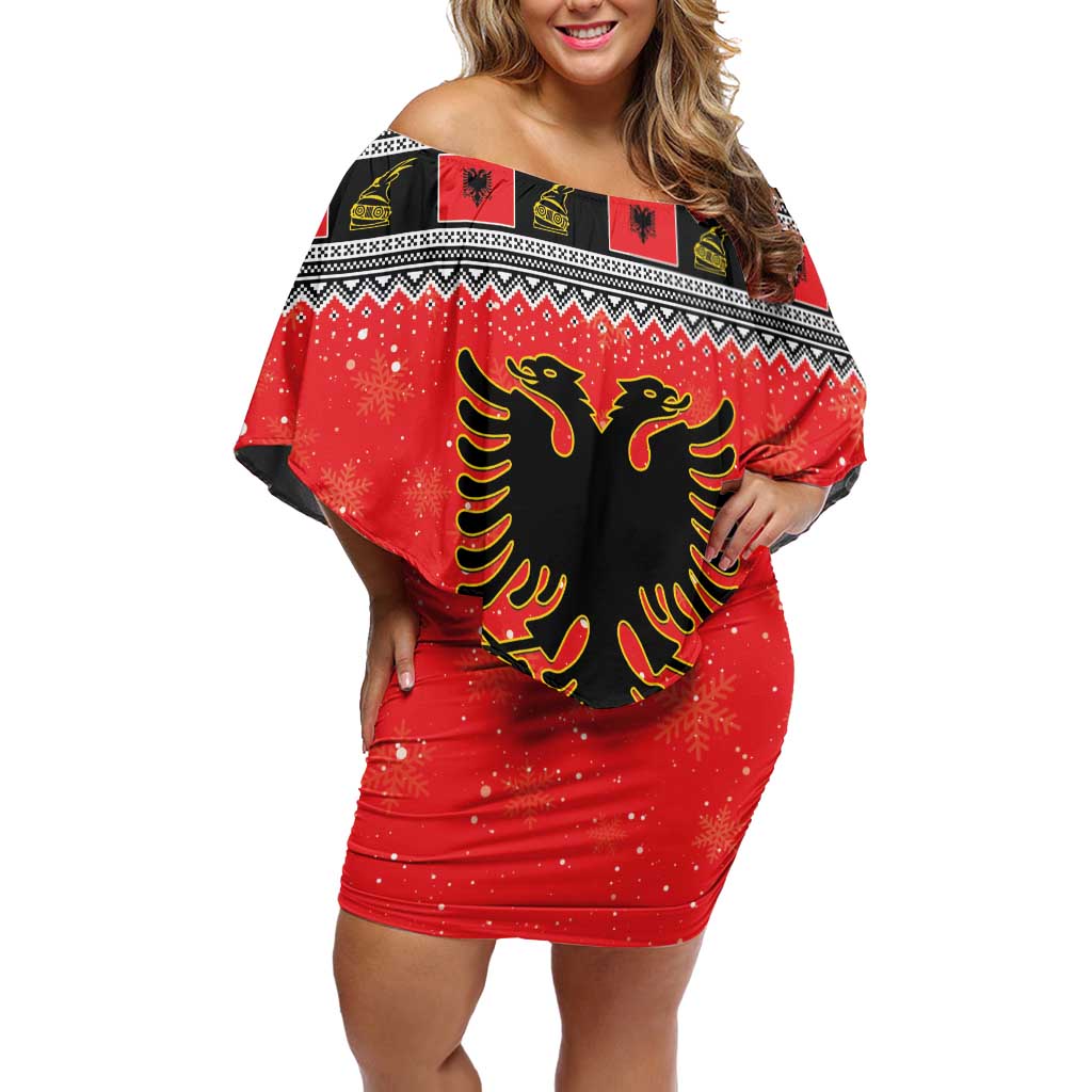 Albania Christmas Off Shoulder Short Dress Albanian Eagle Gezuar Krishtlindja - Wonder Print Shop