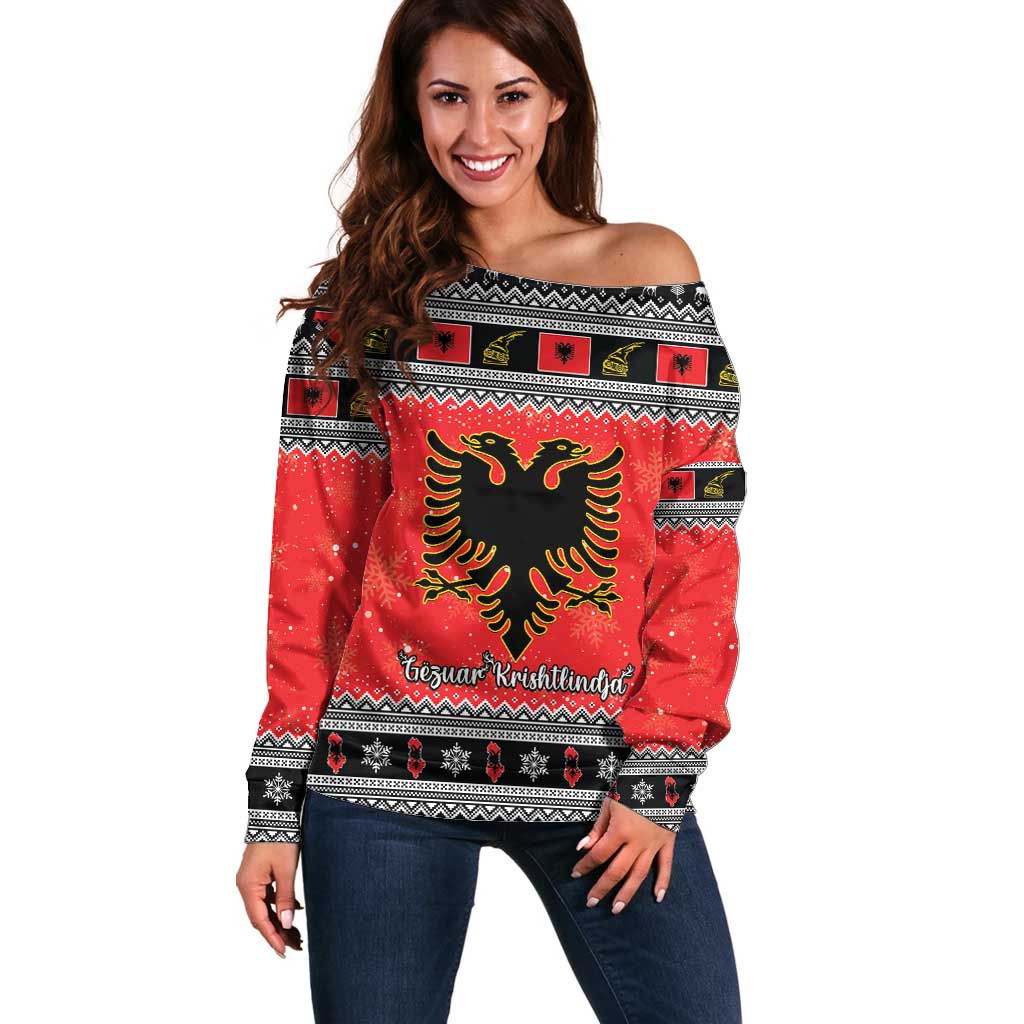 Albania Christmas Off Shoulder Sweater Albanian Eagle Gezuar Krishtlindja