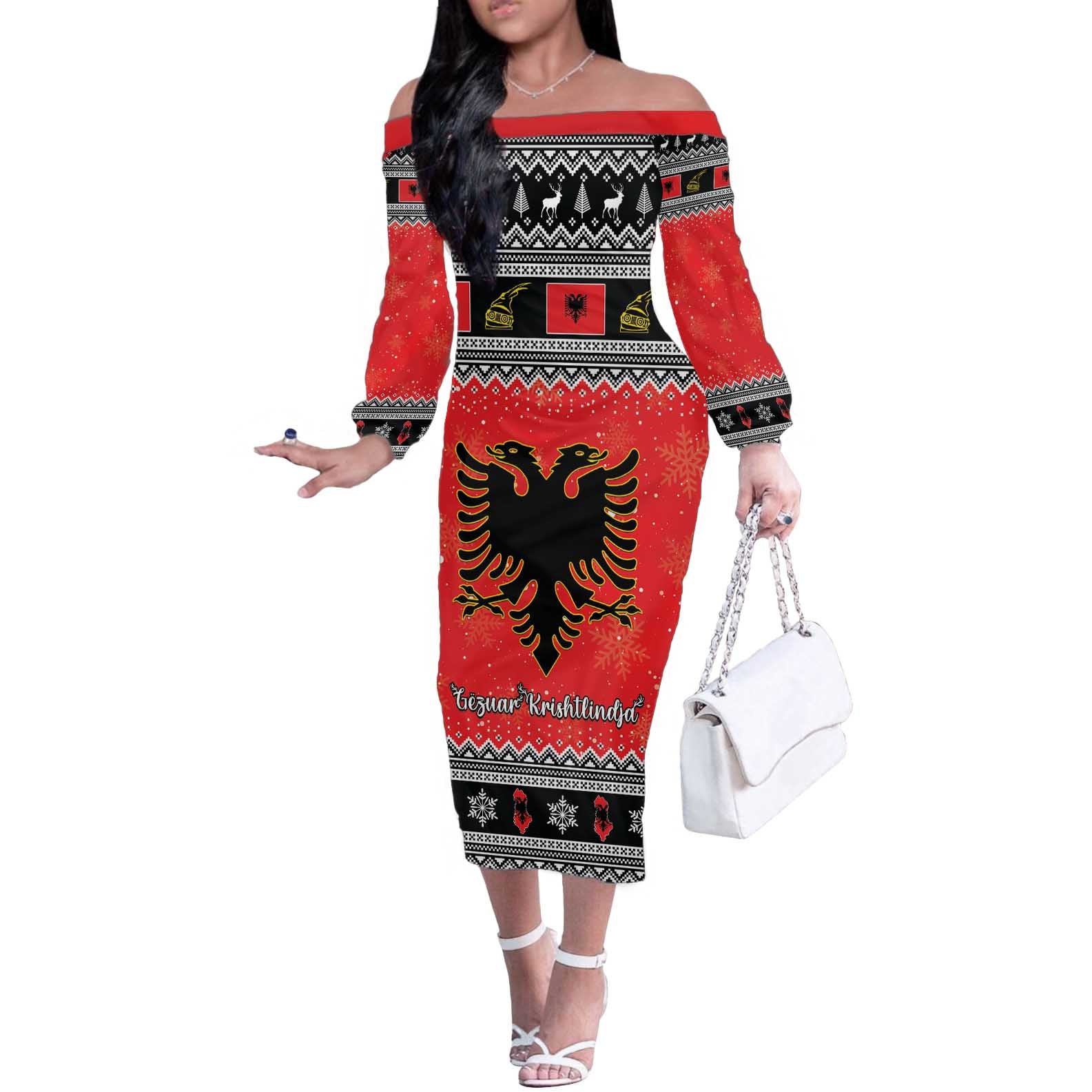 Albania Christmas Off The Shoulder Long Sleeve Dress Albanian Eagle Gezuar Krishtlindja - Wonder Print Shop