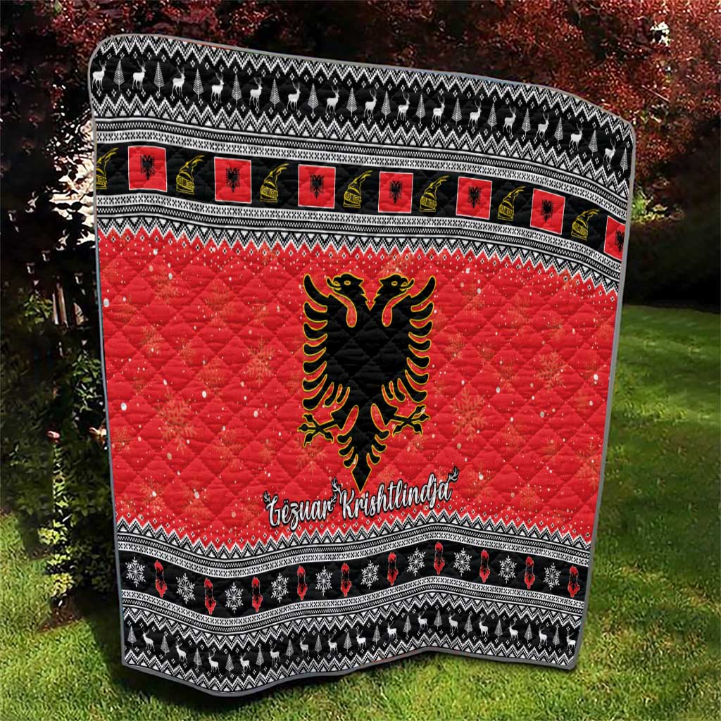 Red quilt blanket with Albanian eagle in gold and black, patterned festive band