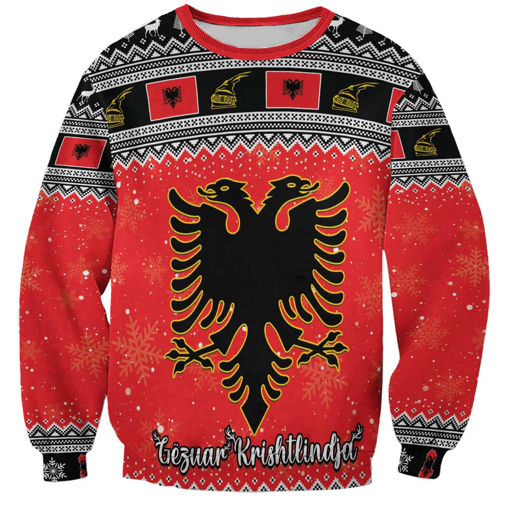 Unisex red Christmas sweatshirt with black Albanian eagle graphic and 'Gezuar Krishtlindja' text
