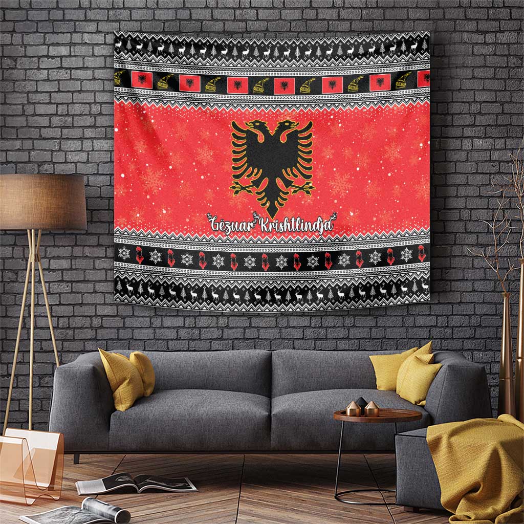 Red Christmas tapestry with double-headed eagle, decorative border, and “Gezuar Krishtlindja” text.