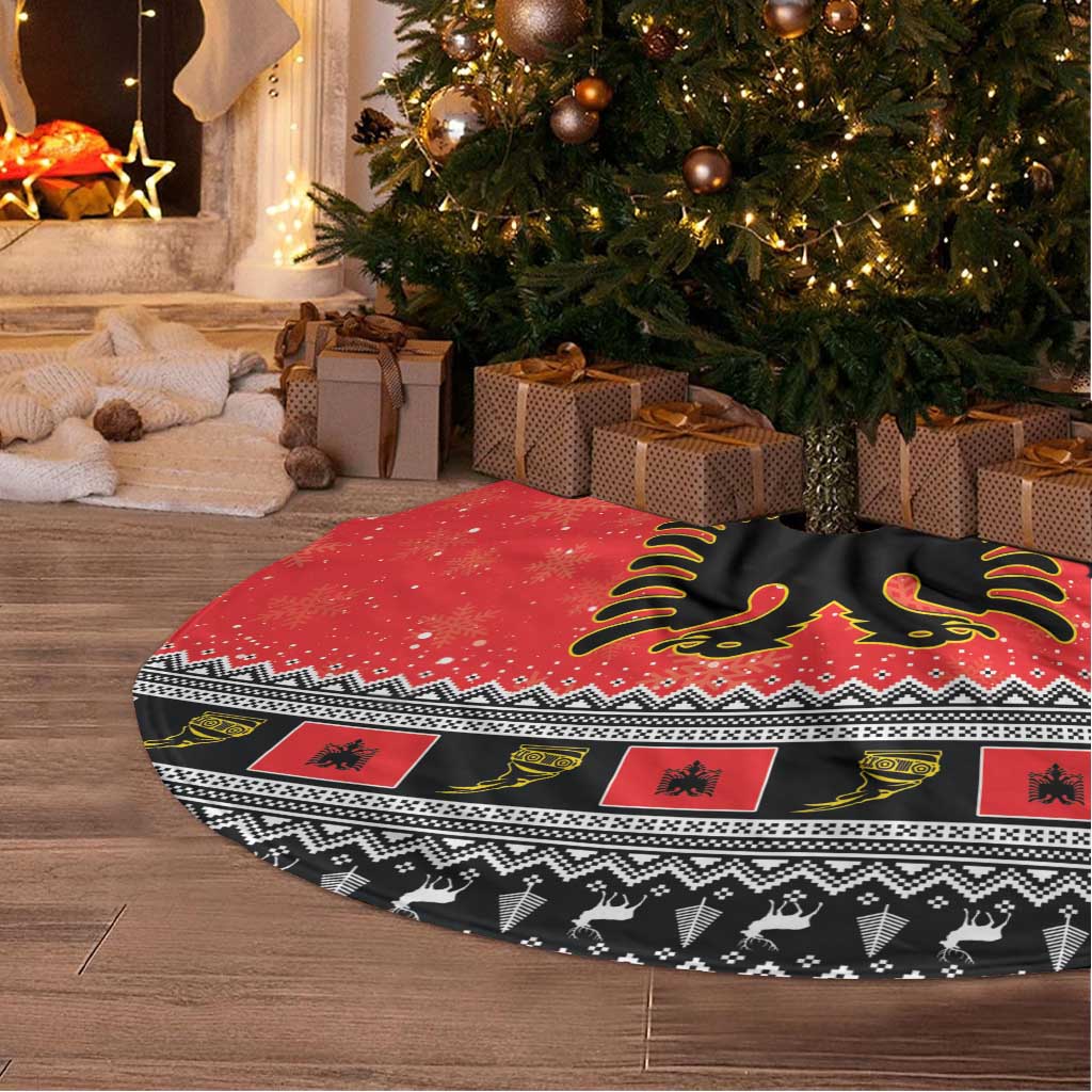 Red round Christmas tree skirt with black-and-white patterns and Albanian eagle