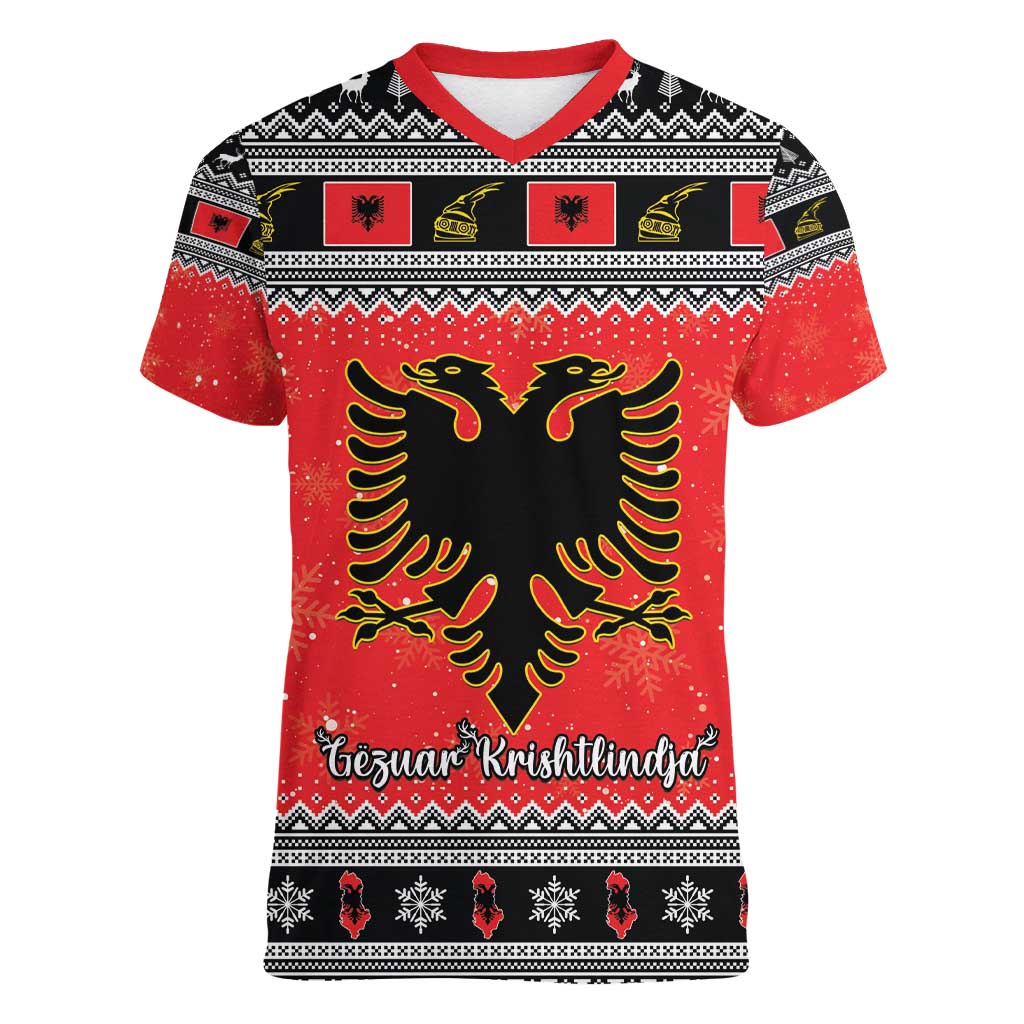 Albania Christmas Women V-Neck T-Shirt Albanian Eagle Gezuar Krishtlindja - Wonder Print Shop