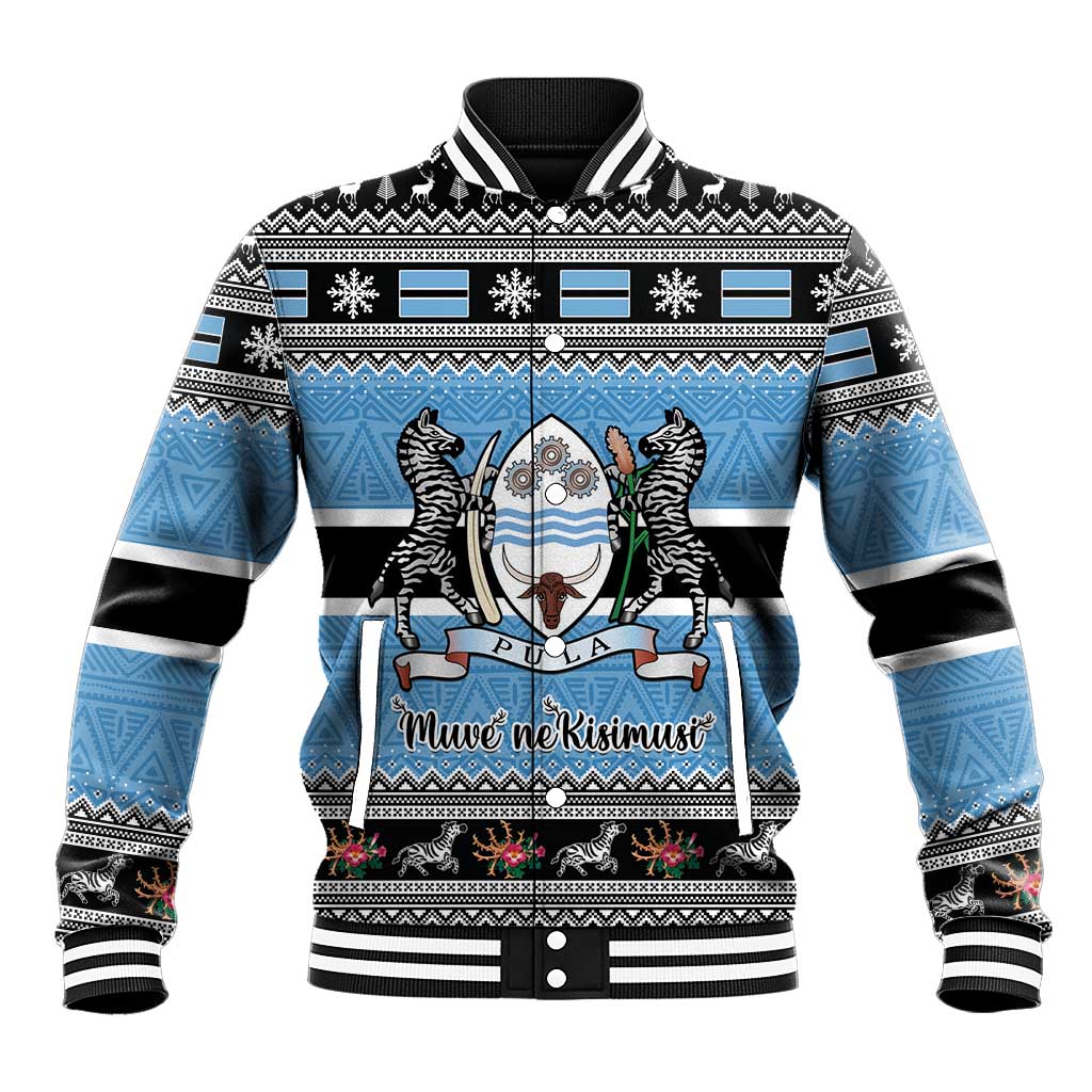 Blue baseball jacket with striped rib collar, button front, coat-of-arms graphic and animals