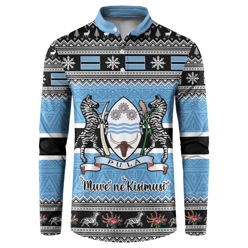 Blue and black Christmas sweatshirt coat with button placket, zebra crest and snowflake bands