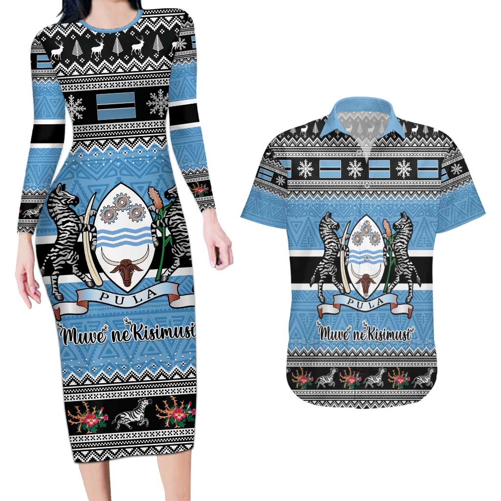 Botswana Christmas Couples Matching Long Sleeve Bodycon Dress and Hawaiian Shirt Coat Of Arms Muve neKisimusi - Wonder Print Shop