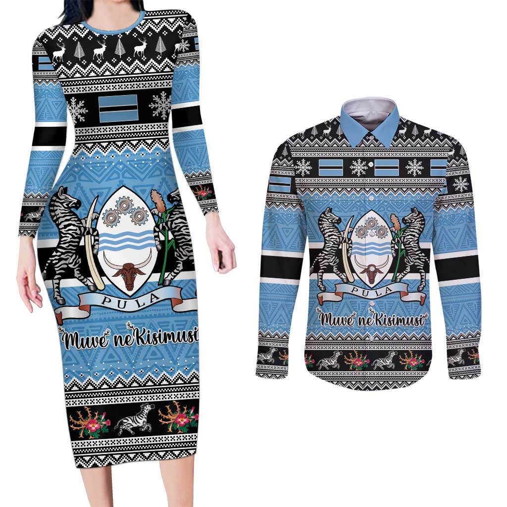 Botswana Christmas Couples Matching Long Sleeve Bodycon Dress and Long Sleeve Button Shirt Coat Of Arms Muve neKisimusi - Wonder Print Shop