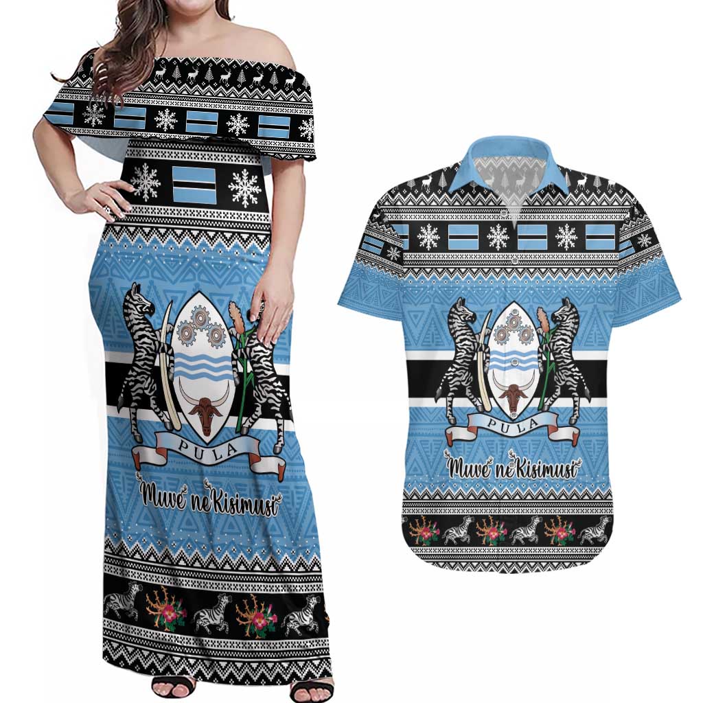 Botswana Christmas Couples Matching Off Shoulder Maxi Dress and Hawaiian Shirt Coat Of Arms Muve neKisimusi - Wonder Print Shop