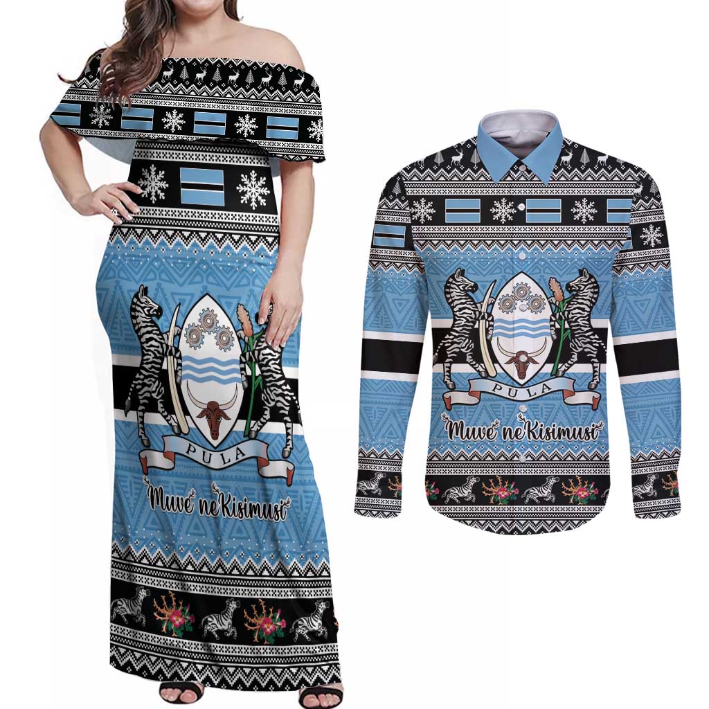 Botswana Christmas Couples Matching Off Shoulder Maxi Dress and Long Sleeve Button Shirt Coat Of Arms Muve neKisimusi - Wonder Print Shop