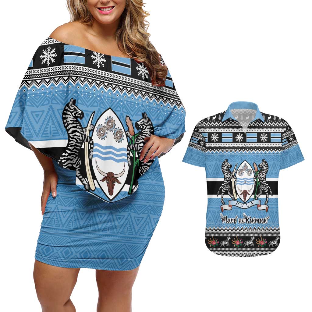 Botswana Christmas Couples Matching Off Shoulder Short Dress and Hawaiian Shirt Coat Of Arms Muve neKisimusi - Wonder Print Shop