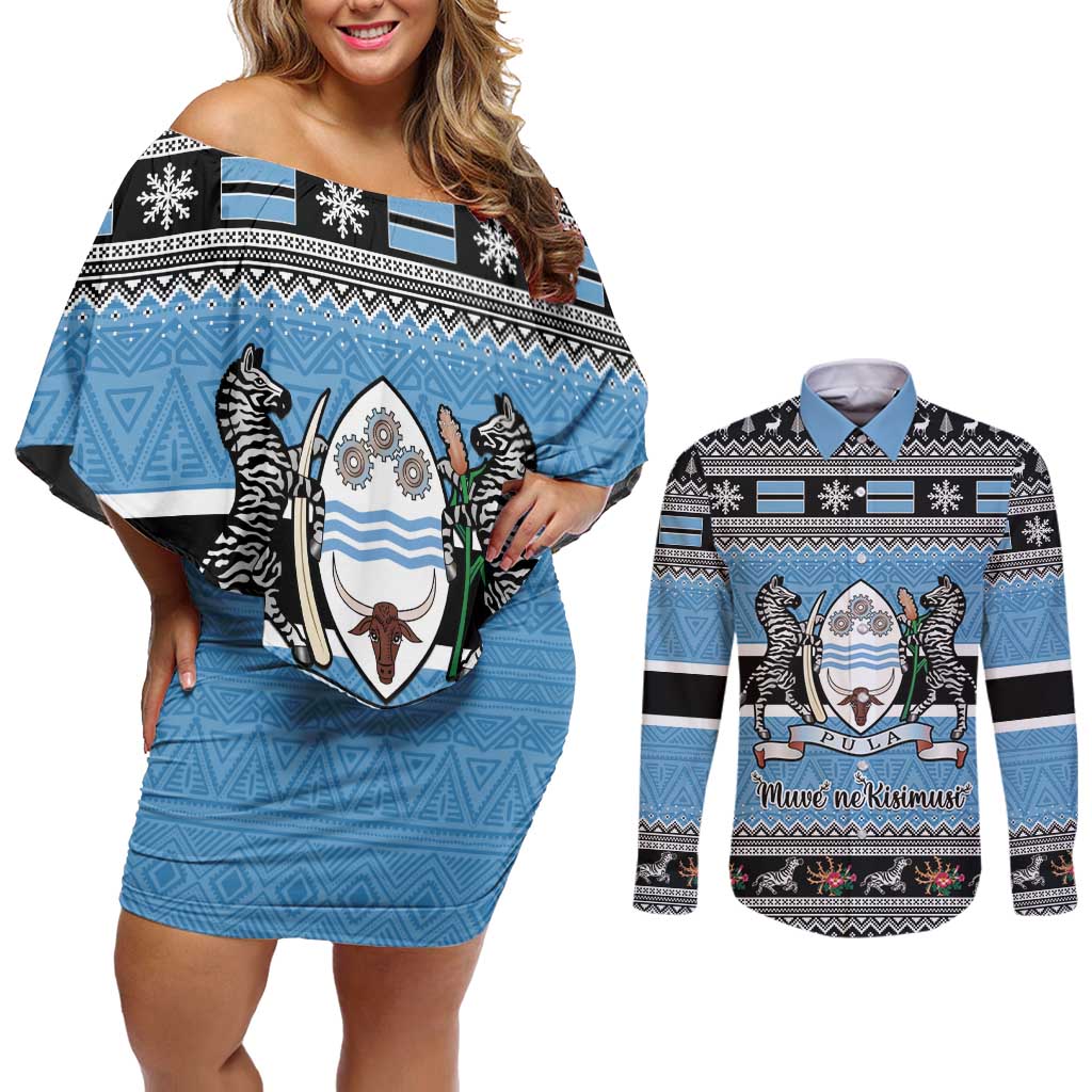 Botswana Christmas Couples Matching Off Shoulder Short Dress and Long Sleeve Button Shirt Coat Of Arms Muve neKisimusi - Wonder Print Shop