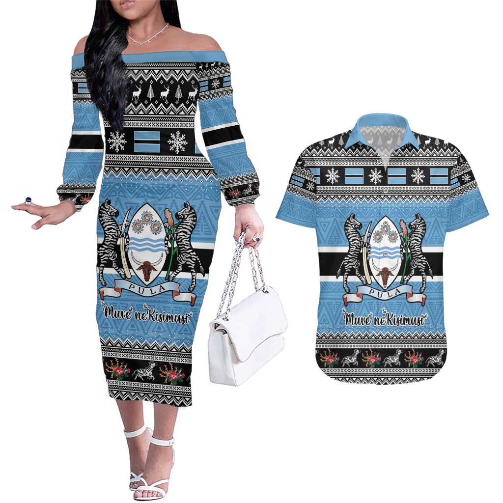 Botswana Christmas Couples Matching Off The Shoulder Long Sleeve Dress and Hawaiian Shirt Coat Of Arms Muve neKisimusi - Wonder Print Shop