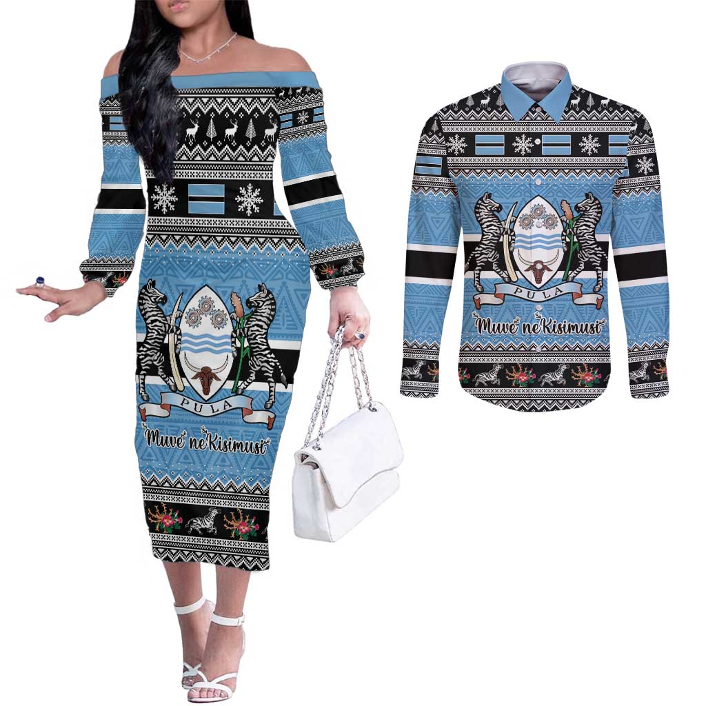 Botswana Christmas Couples Matching Off The Shoulder Long Sleeve Dress and Long Sleeve Button Shirt Coat Of Arms Muve neKisimusi