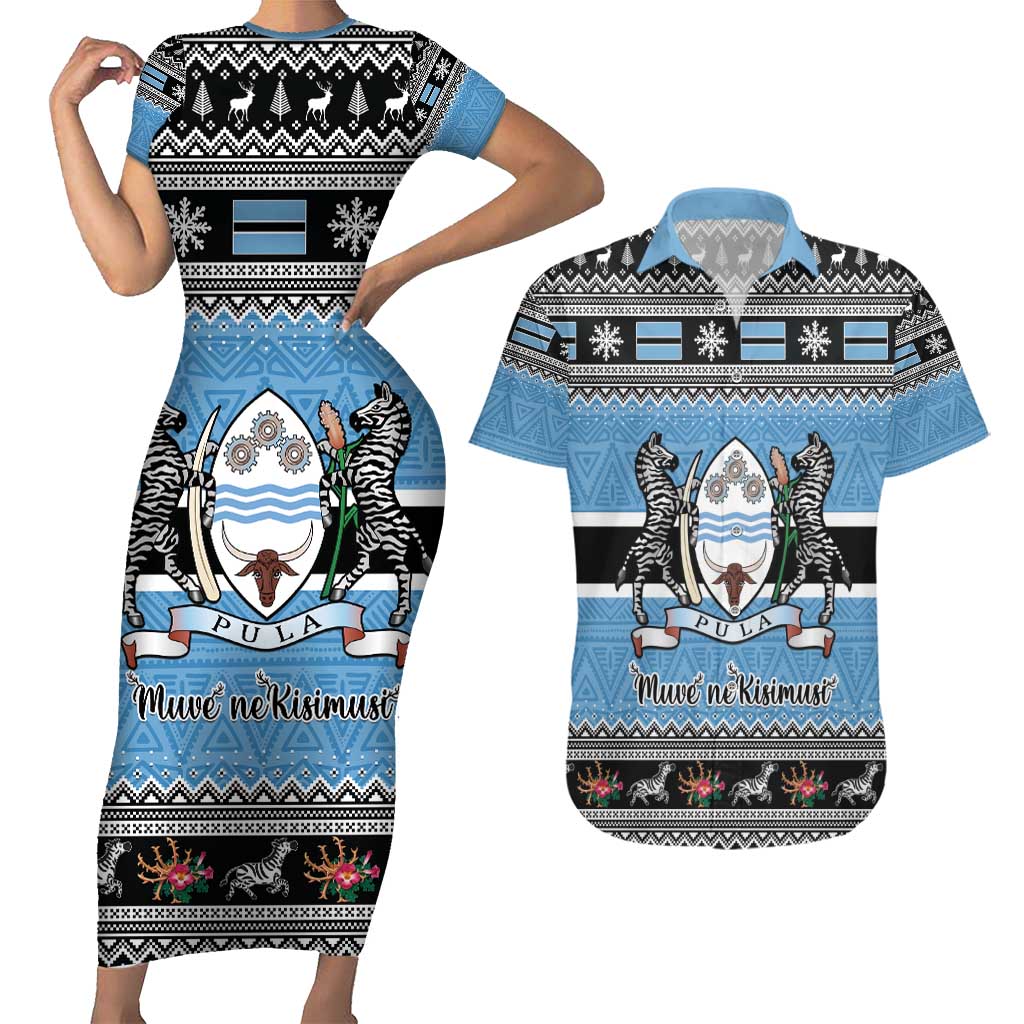 Botswana Christmas Couples Matching Short Sleeve Bodycon Dress and Hawaiian Shirt Coat Of Arms Muve neKisimusi - Wonder Print Shop