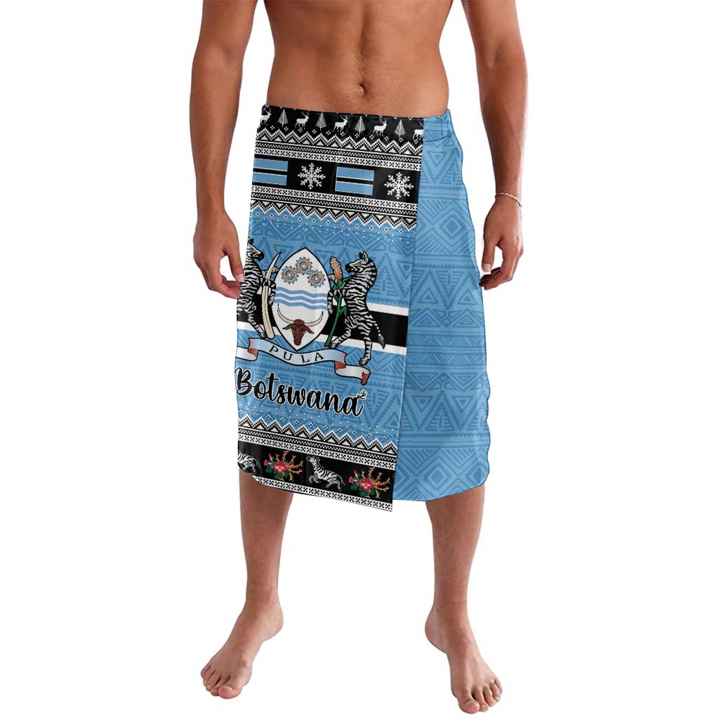 Blue patterned lavalava shorts with Botswana crest graphic; elastic waistband
