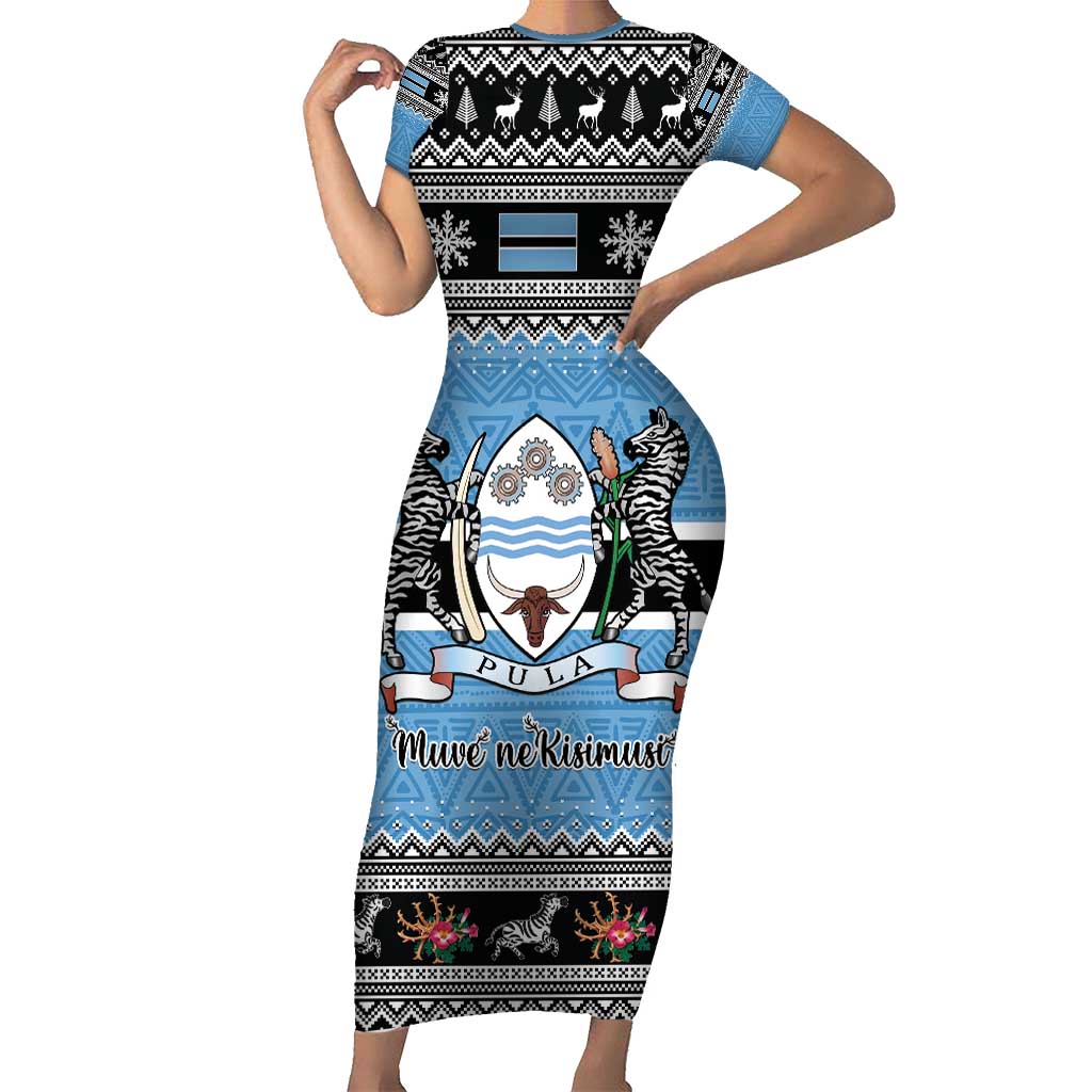 Botswana Christmas Short Sleeve Bodycon Dress Coat Of Arms Muve neKisimusi - Wonder Print Shop