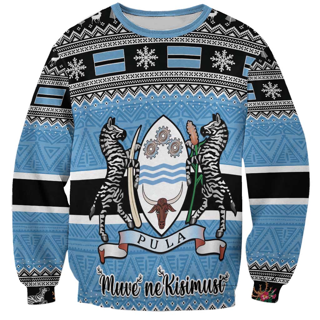 Unisex crewneck sweatshirt, black and blue, zebra coat-of-arms and 'Muve neKisimusi' text