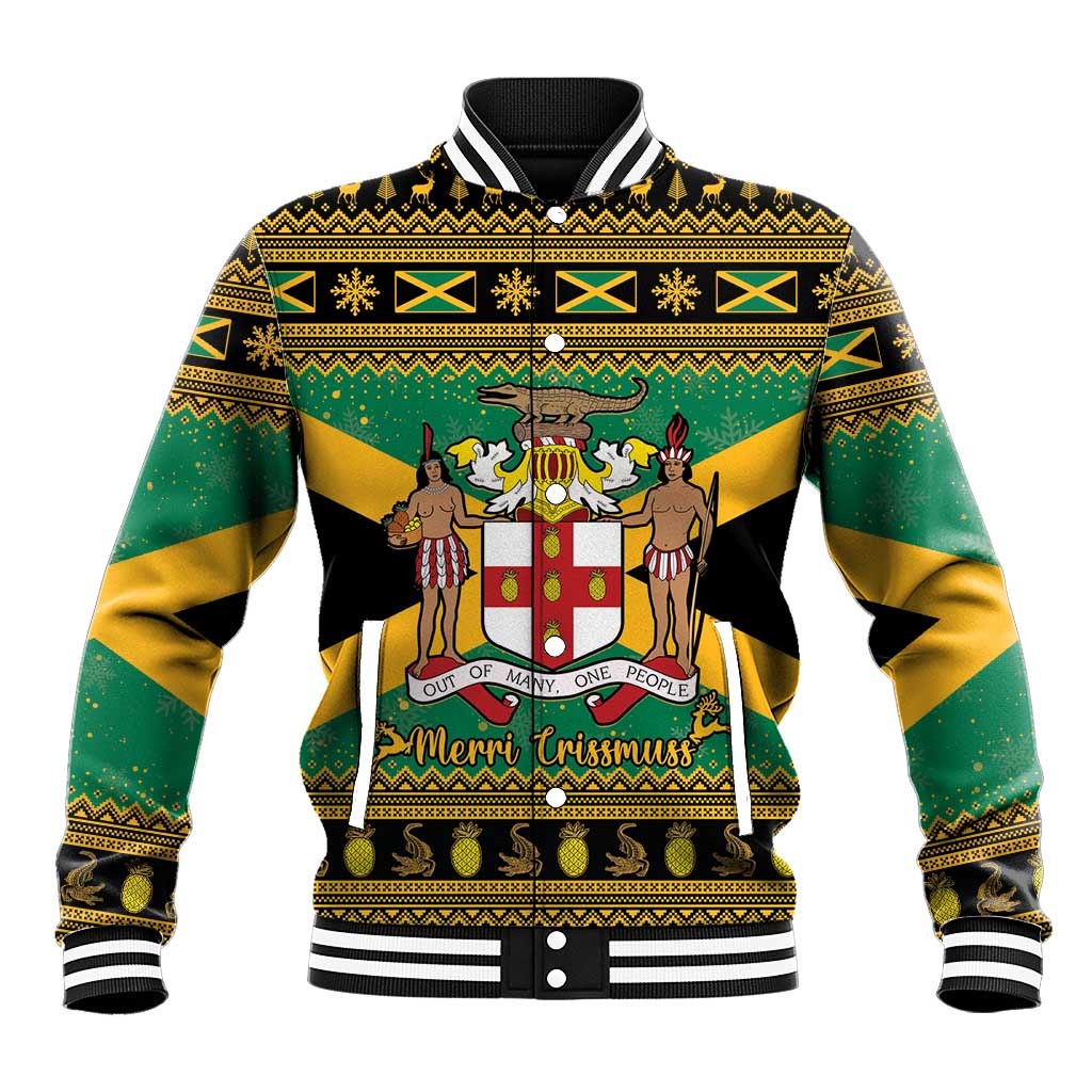 Green Christmas baseball jacket with gold and teal patterned crest, striped rib collar