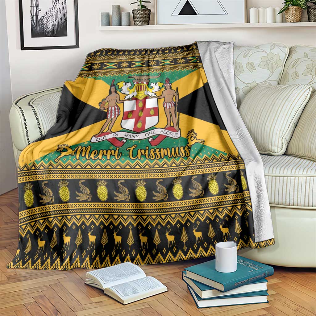 Christmas blanket with Jamaican coat of arms, yellow, green and black festive pattern