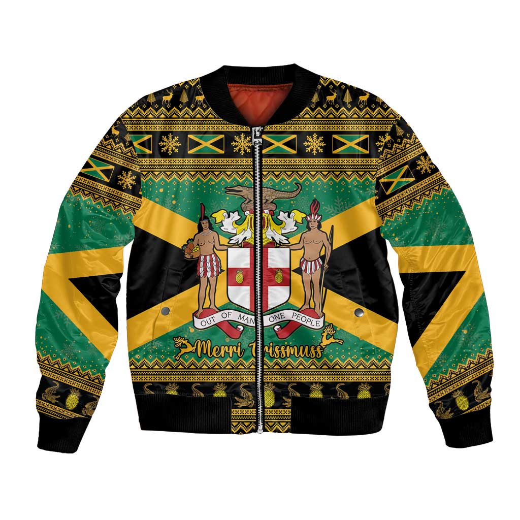 Green bomber jacket with Jamaica-style coat of arms graphic, ribbed cuffs and zipper front.