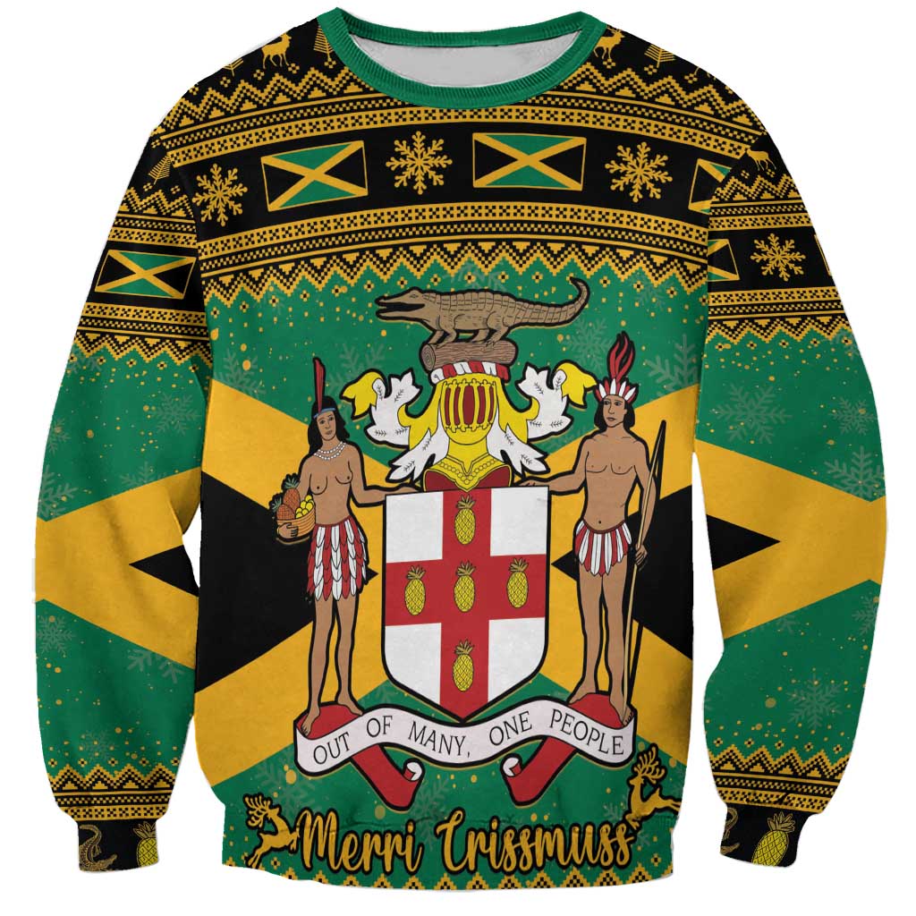 Unisex green Christmas sweatshirt with Jamaican coat of arms front print
