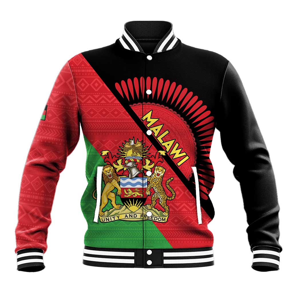 Black baseball jacket with red and green Malawi crest graphic, striped collar and cuffs