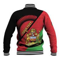 Black baseball jacket with large back Malawi crest in red and green, striped varsity trim